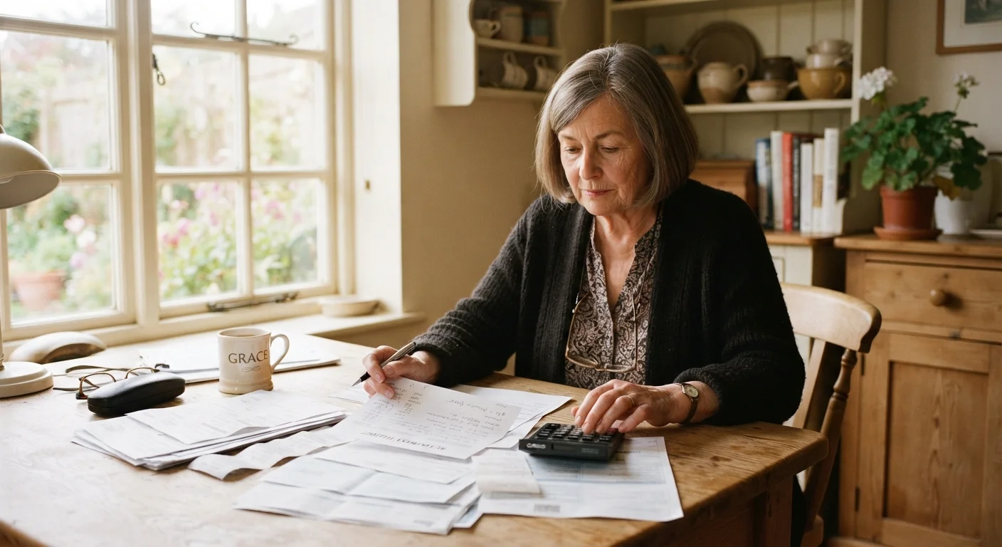 An older adult reviewing financial documents at a kitchen table, planning a major housing decision