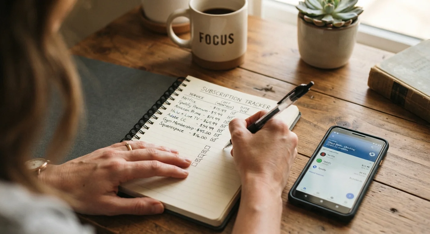 Hands writing a list of subscription costs in a notebook next to a smartphone showing a banking app.