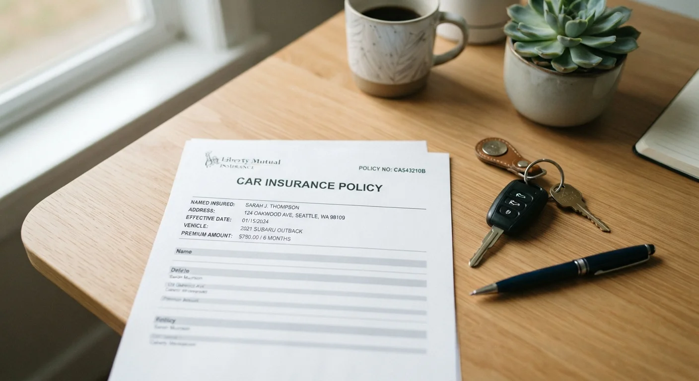 Auto insurance policy document on a desk beside car keys and a pen in natural light