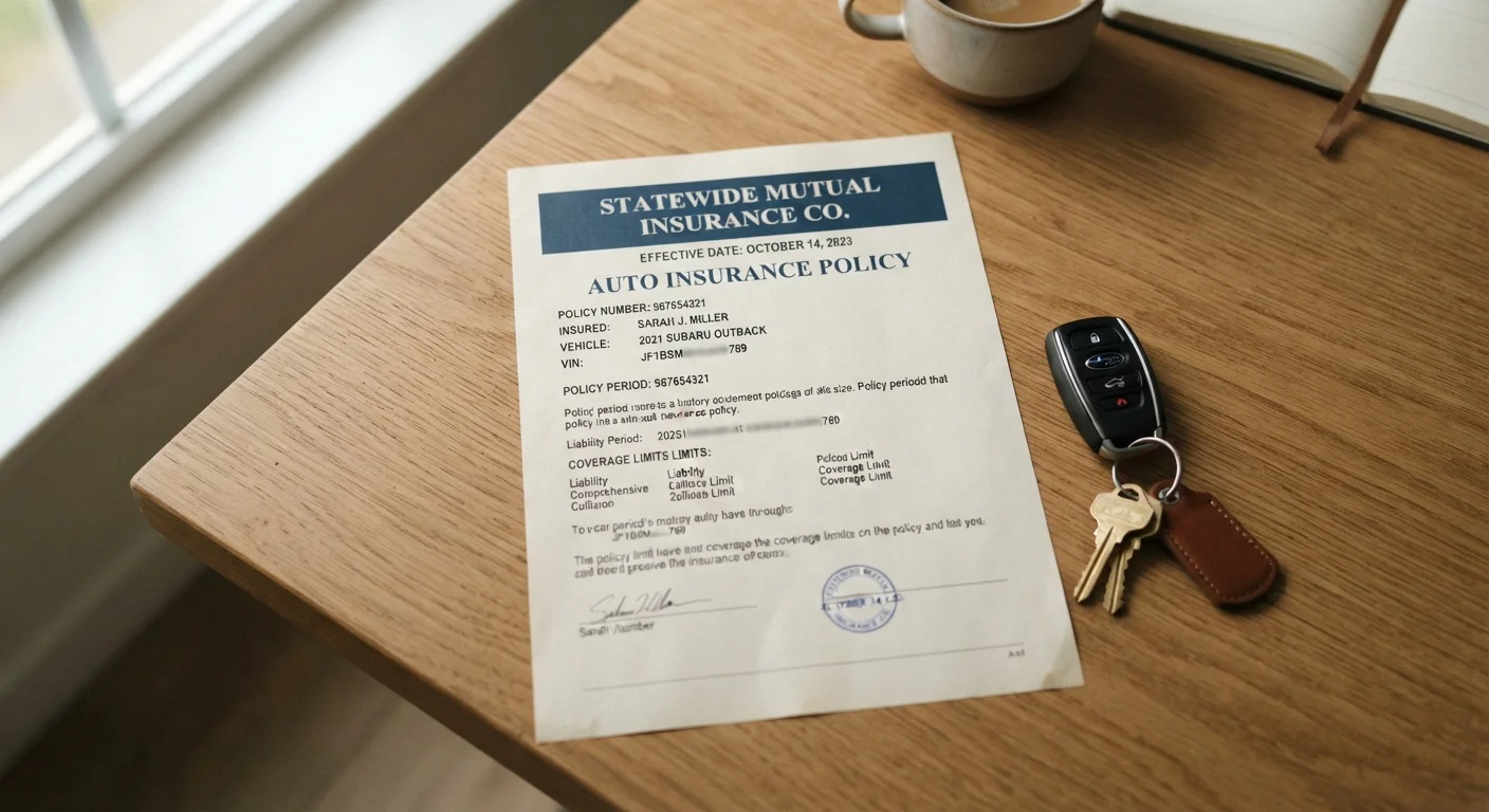 Auto insurance policy document on a table beside a set of car keys, illustrating policy review