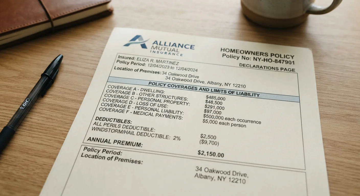 Close-up of an auto insurance policy document showing coverage categories and dollar amounts on a desk