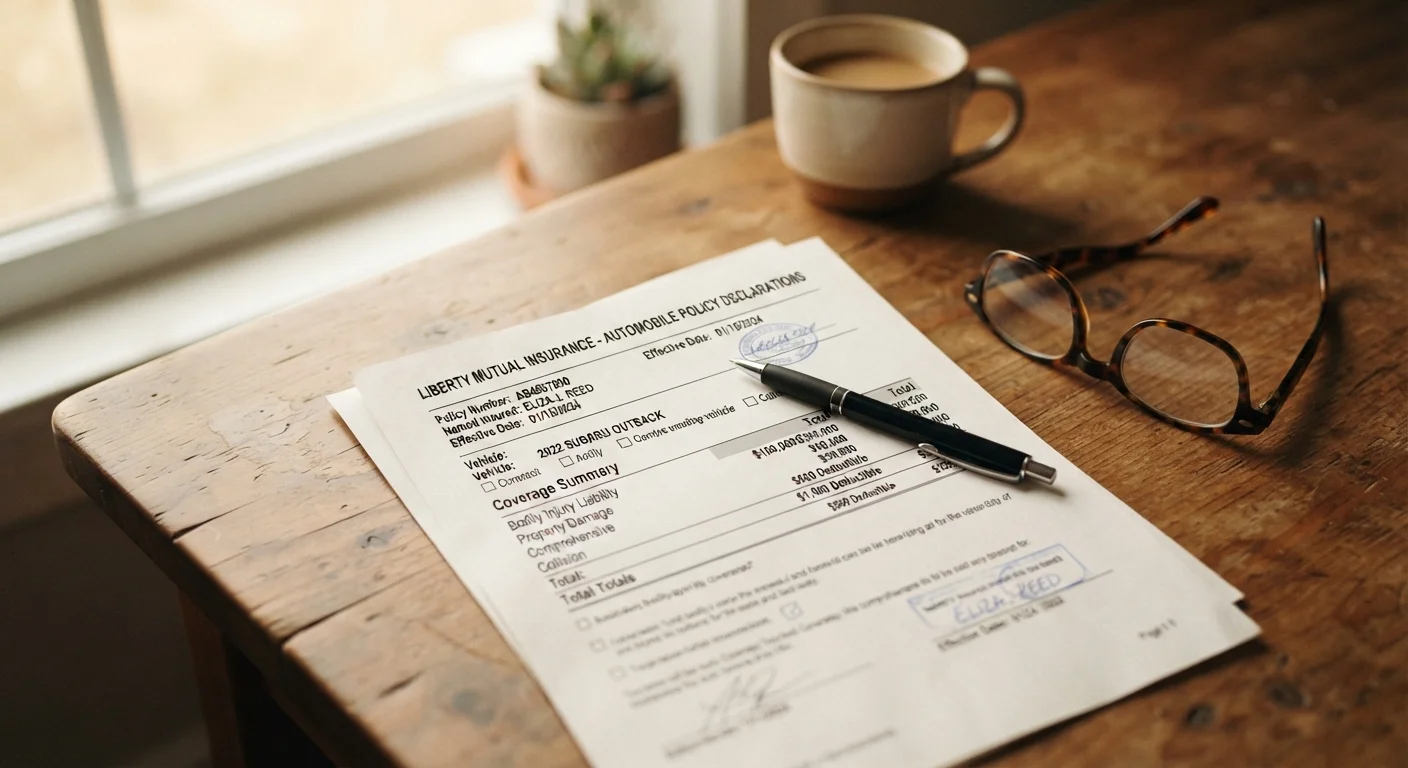 Auto insurance policy document on a desk with reading glasses, viewed from above in natural light