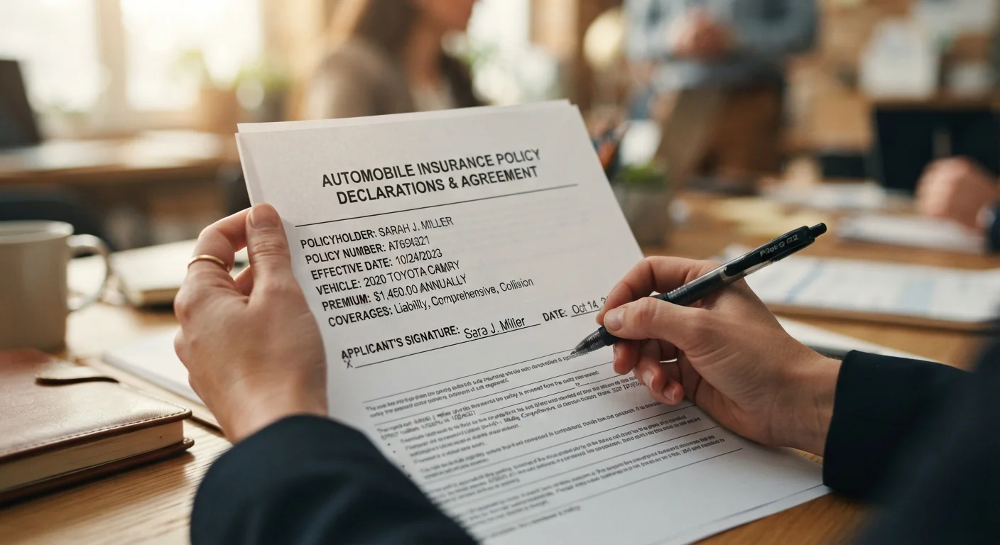 Hand holding an auto insurance policy document with a pen ready to sign