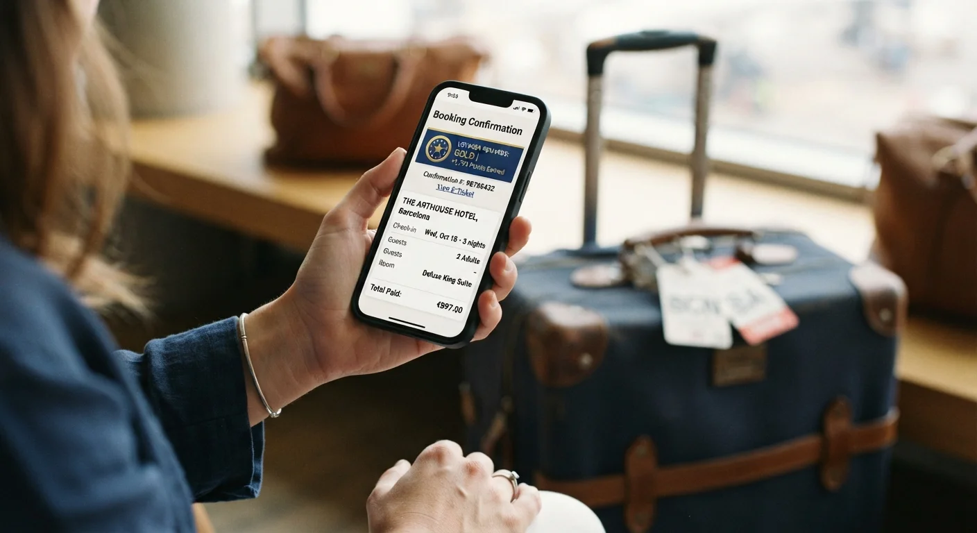 Smartphone displaying a hotel booking confirmation with a loyalty points reward badge visible.