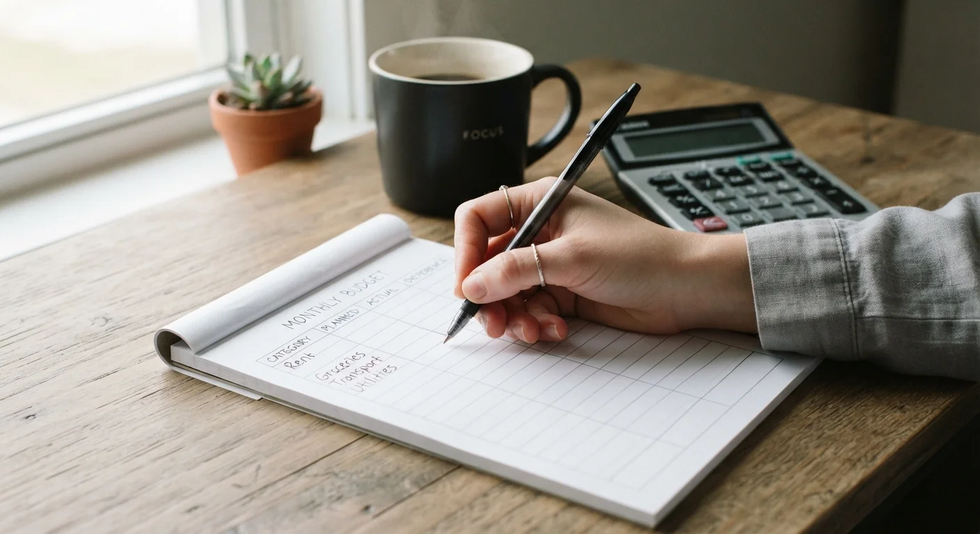 A hand writing expense categories into a budget worksheet on a notepad with a calculator nearby.
