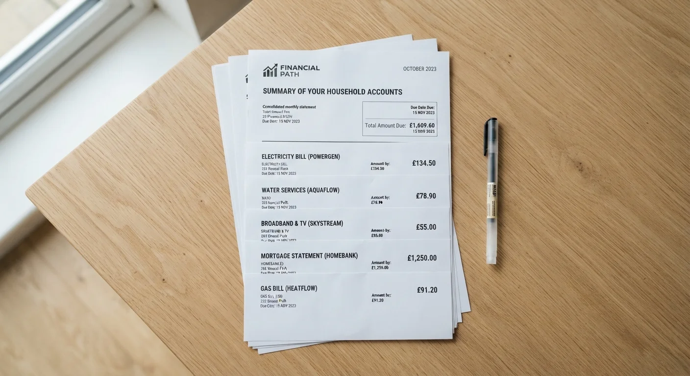 Multiple household bills next to a single consolidated statement showing service bundling concept
