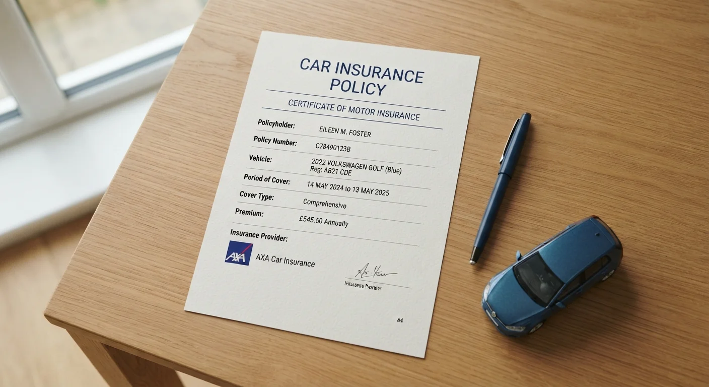 Auto insurance policy documents and a pen on a desk beside a small model car.