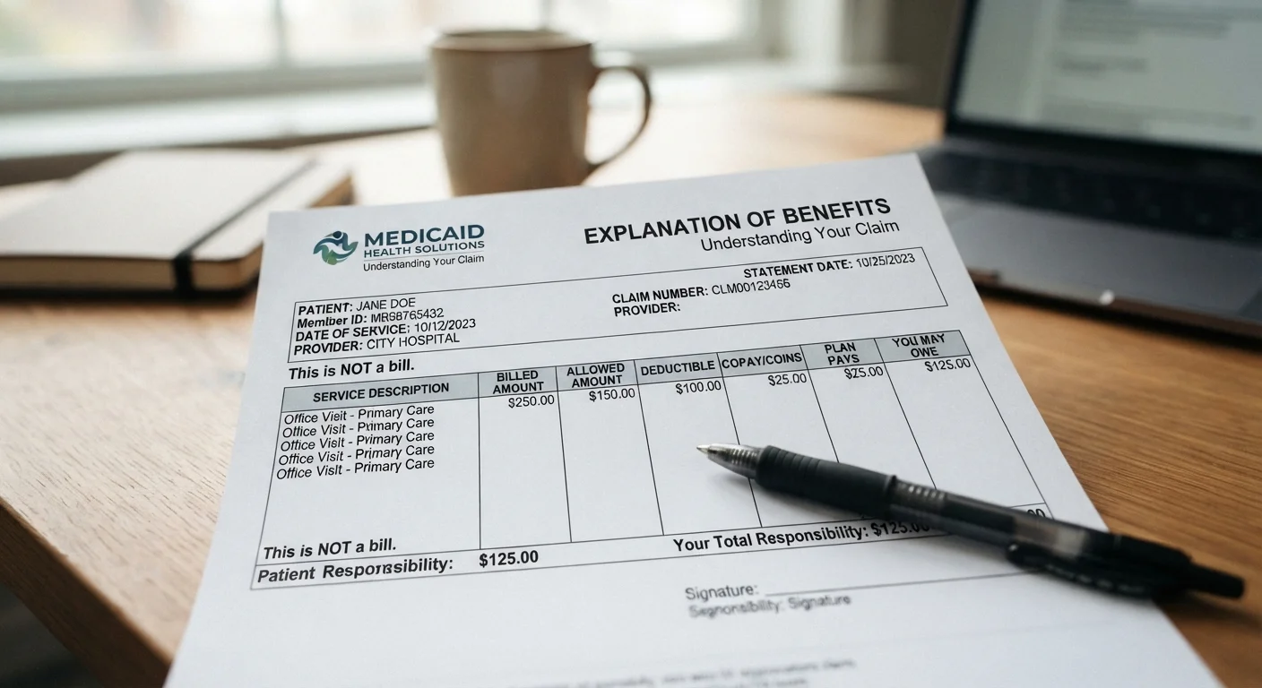 Close-up view of a health insurance explanation of benefits document with a pen on top