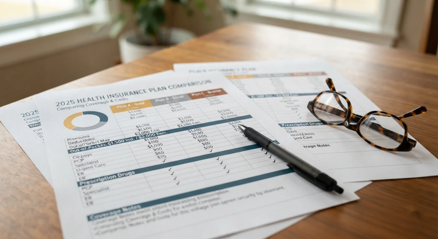 Health insurance plan comparison documents laid out on a table with a pen and glasses