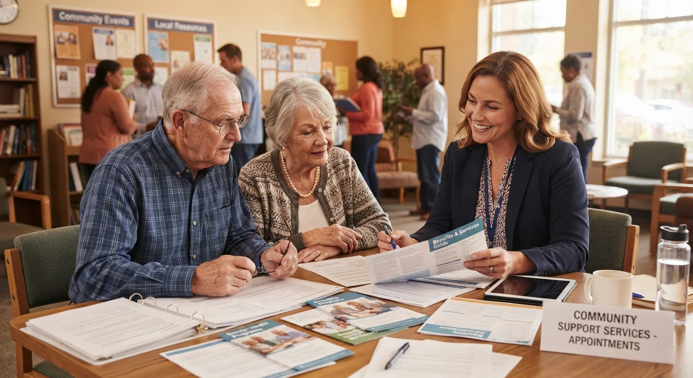 A senior couple meeting with a benefits counselor at a community center to review assistance program options
