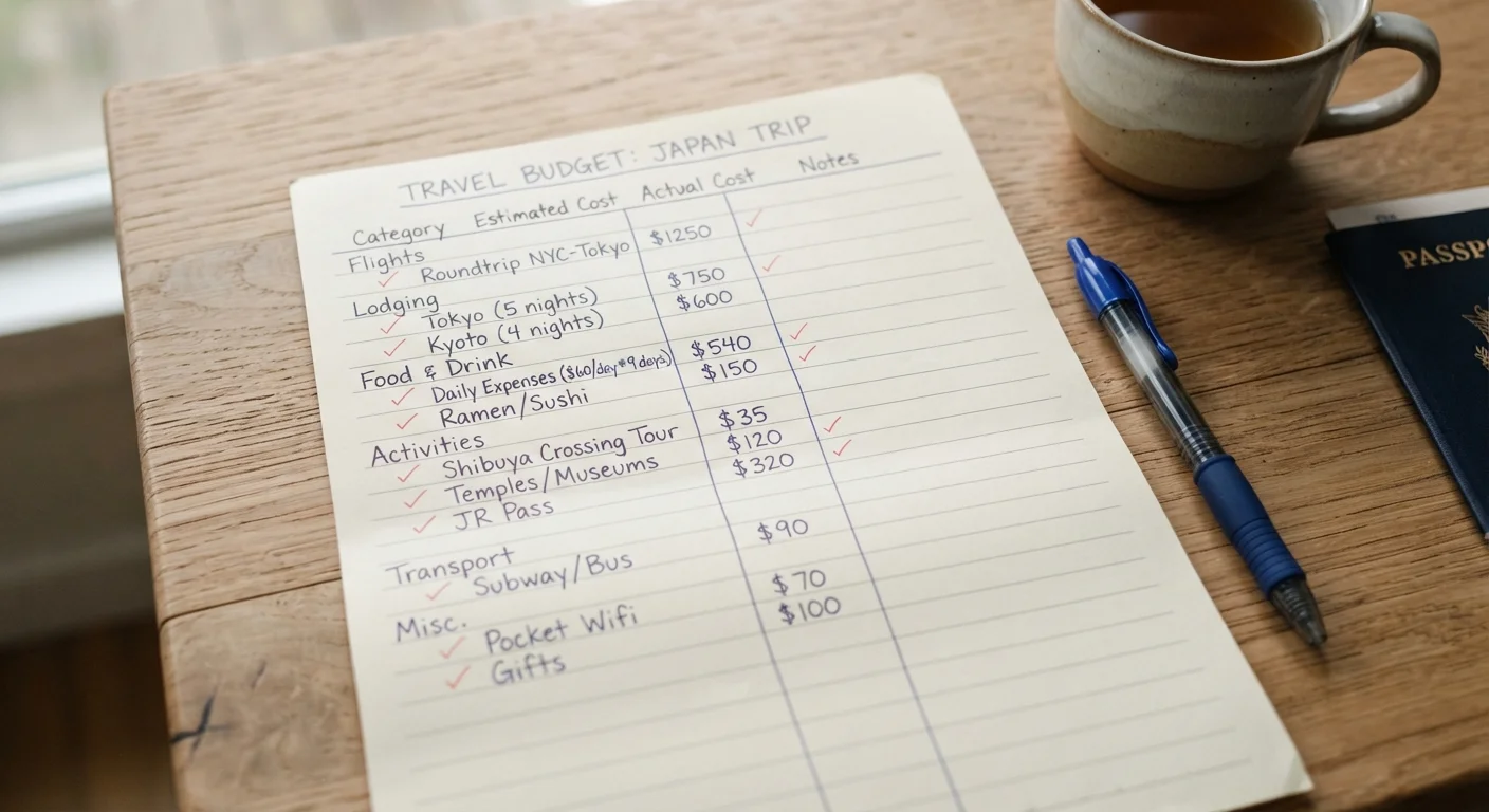 Handwritten travel budget worksheet with categories for flights, lodging, food, and activities
