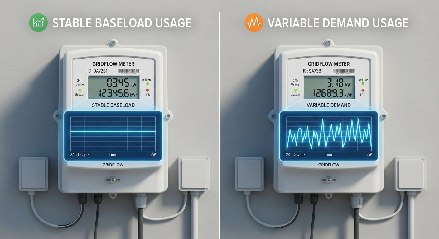 Two electricity meters side by side with graphs showing a flat rate versus a fluctuating rate.