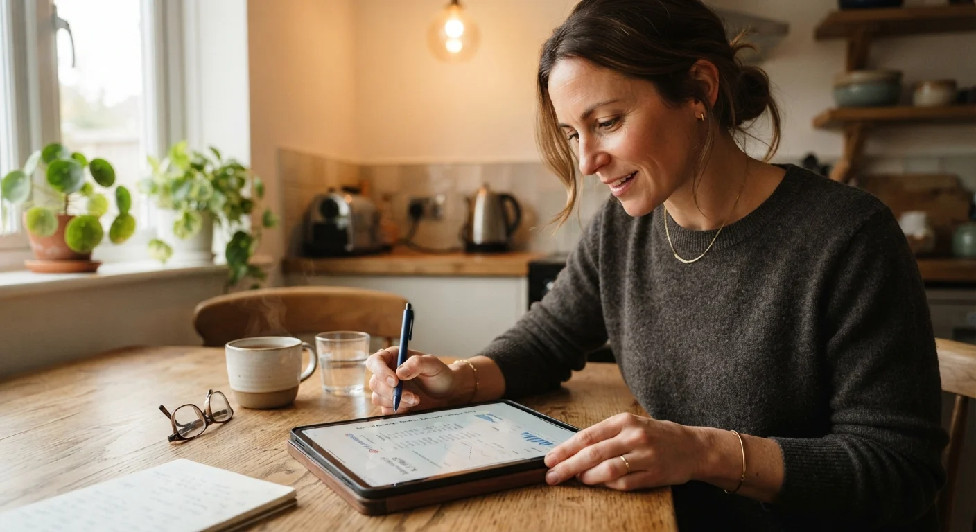 Person reviewing a monthly bank statement on a tablet at a kitchen table with pen in hand
