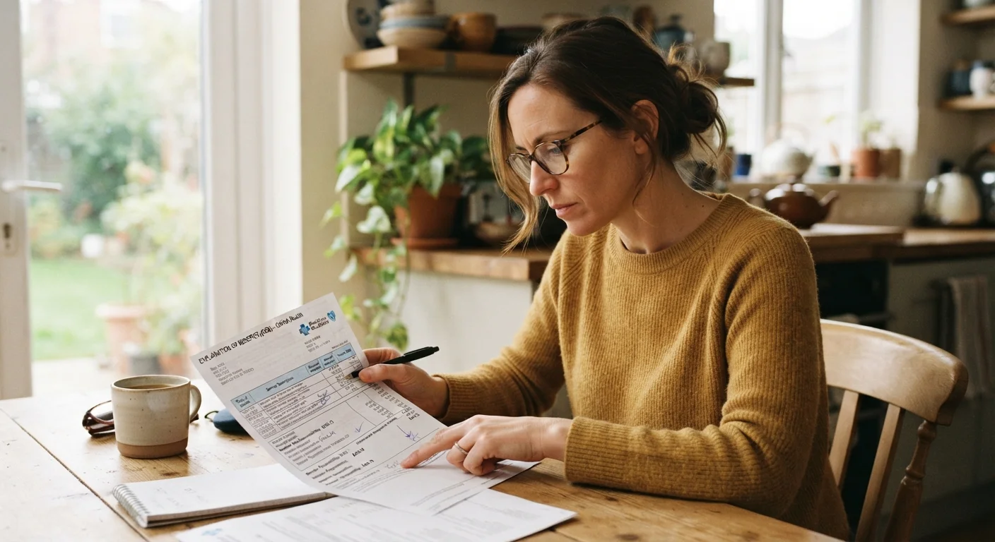 Person reading a health insurance explanation of benefits document at a kitchen table
