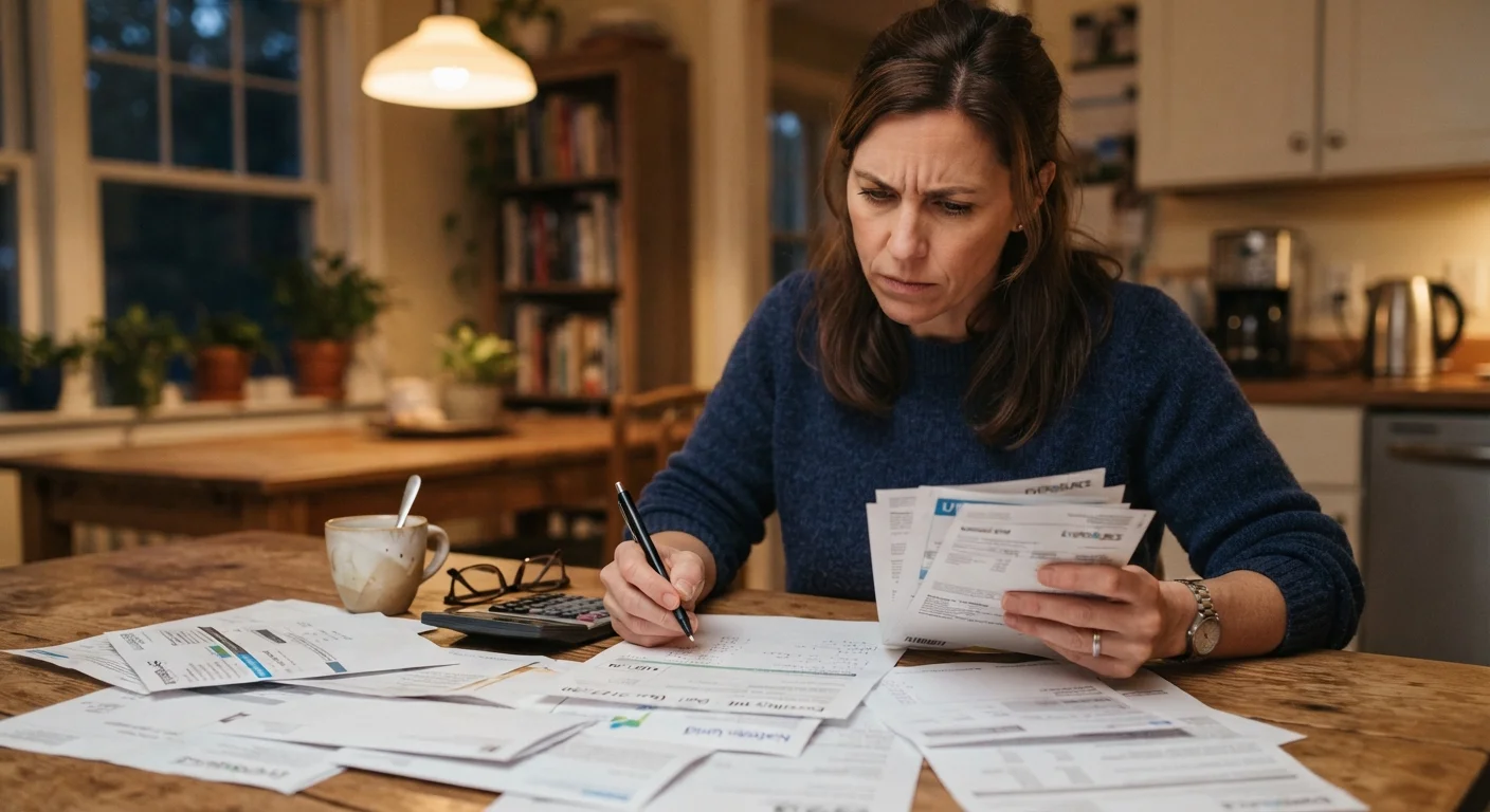 Person reviewing a stack of household bills at a kitchen table with a pen in hand
