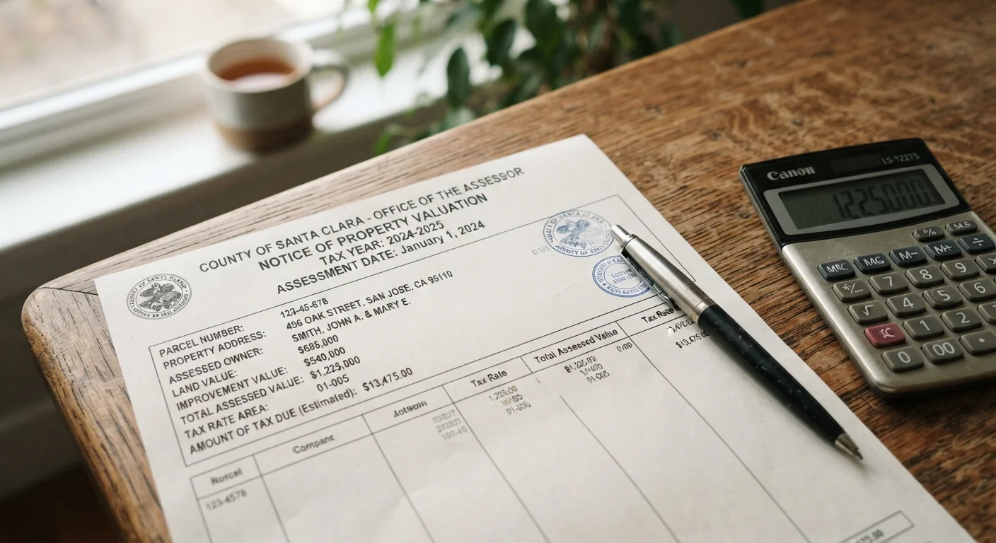 A property tax assessment notice on a desk next to a calculator and pen