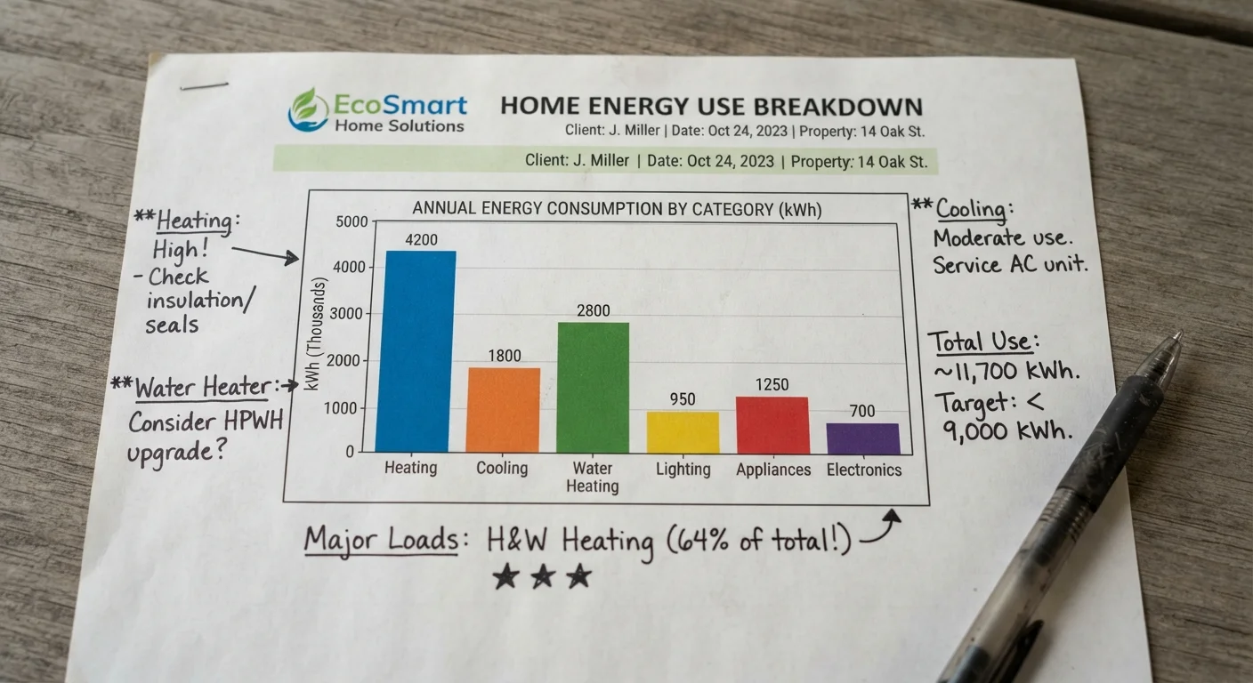 Close-up of a home energy audit report page with a bar chart showing energy use by category