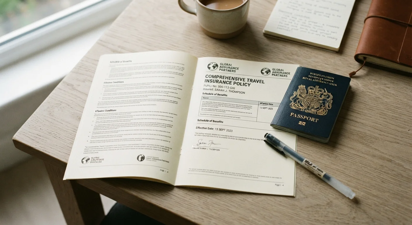 Travel insurance policy document on a desk next to a passport and a pen ready to sign