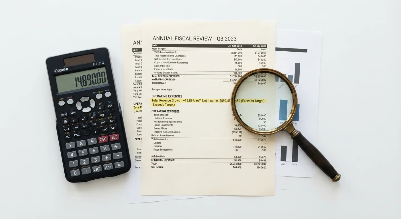 A calculator and magnifying glass placed on printed financial documents with highlighted terms