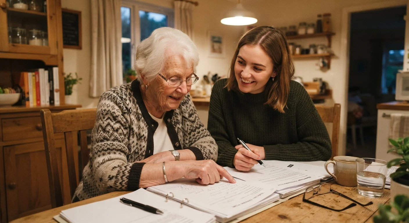 A senior and a family member reviewing legal documents together at a kitchen table