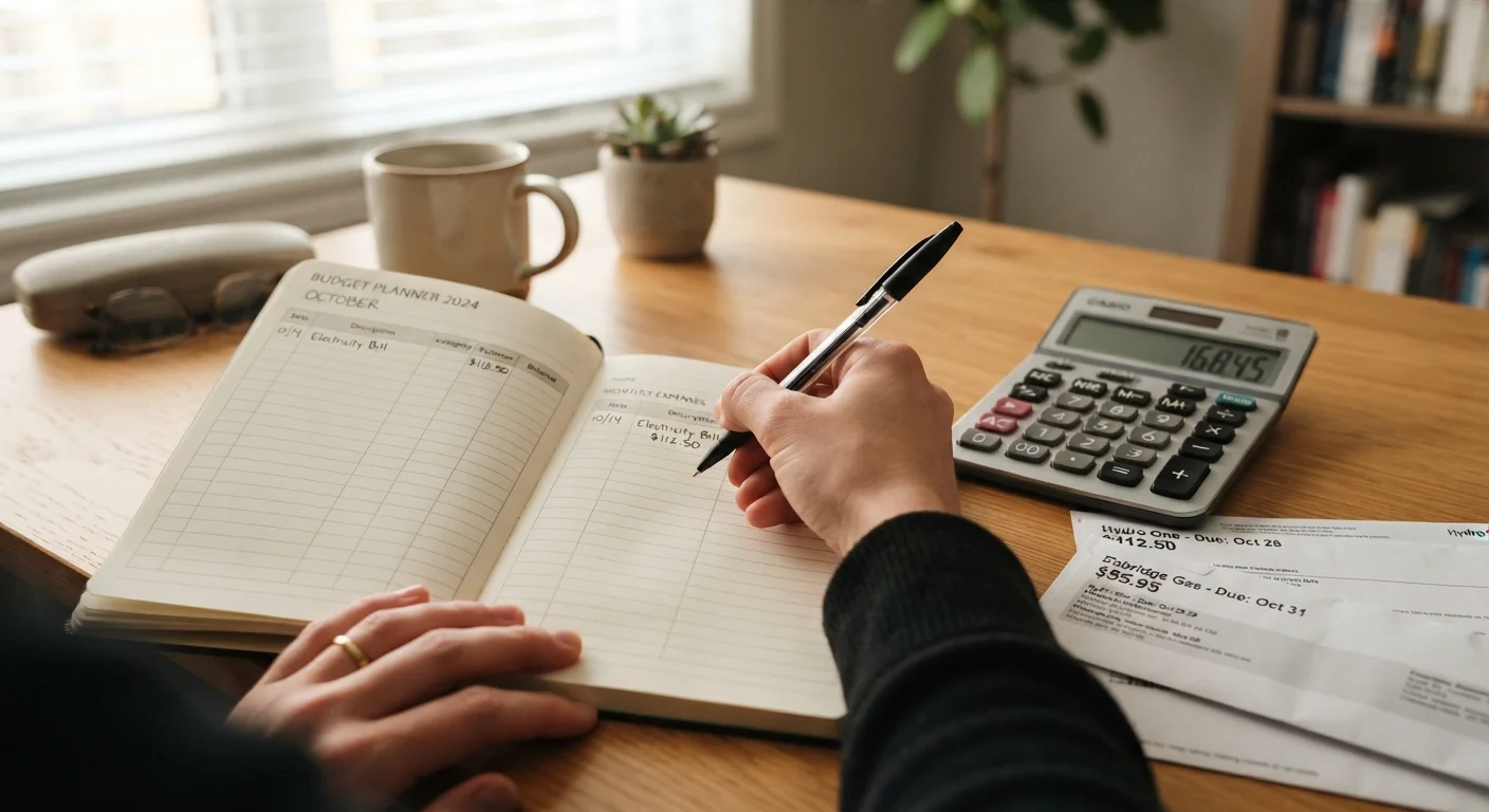 Hand writing in a budget planner notebook with utility bills and calculator nearby