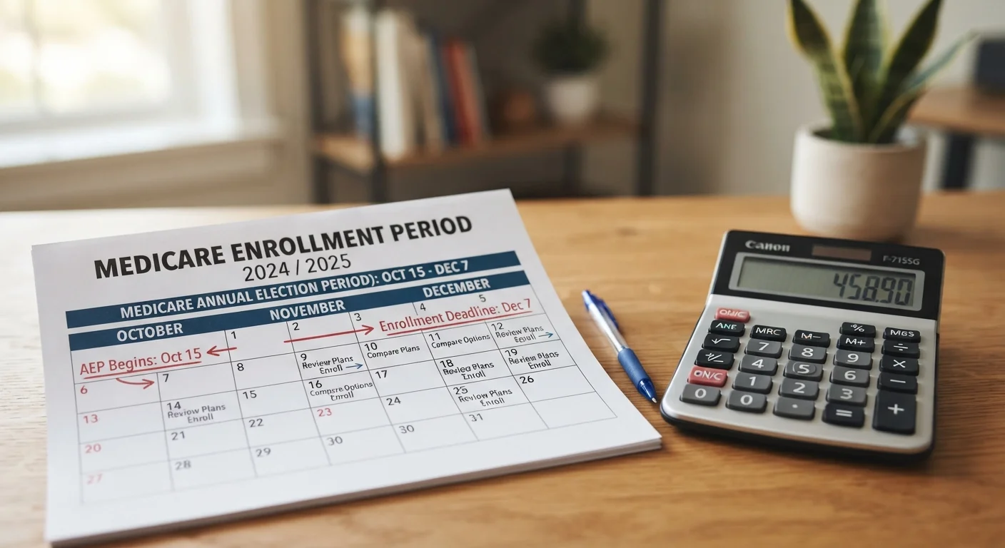 Medicare enrollment calendar and calculator on a desk, representing deadline and cost planning