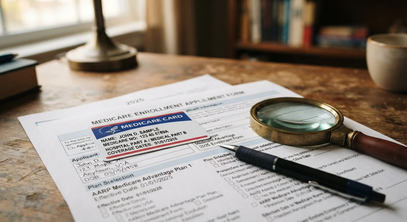 Medicare card and enrollment paperwork on a desk with a pen and magnifying glass