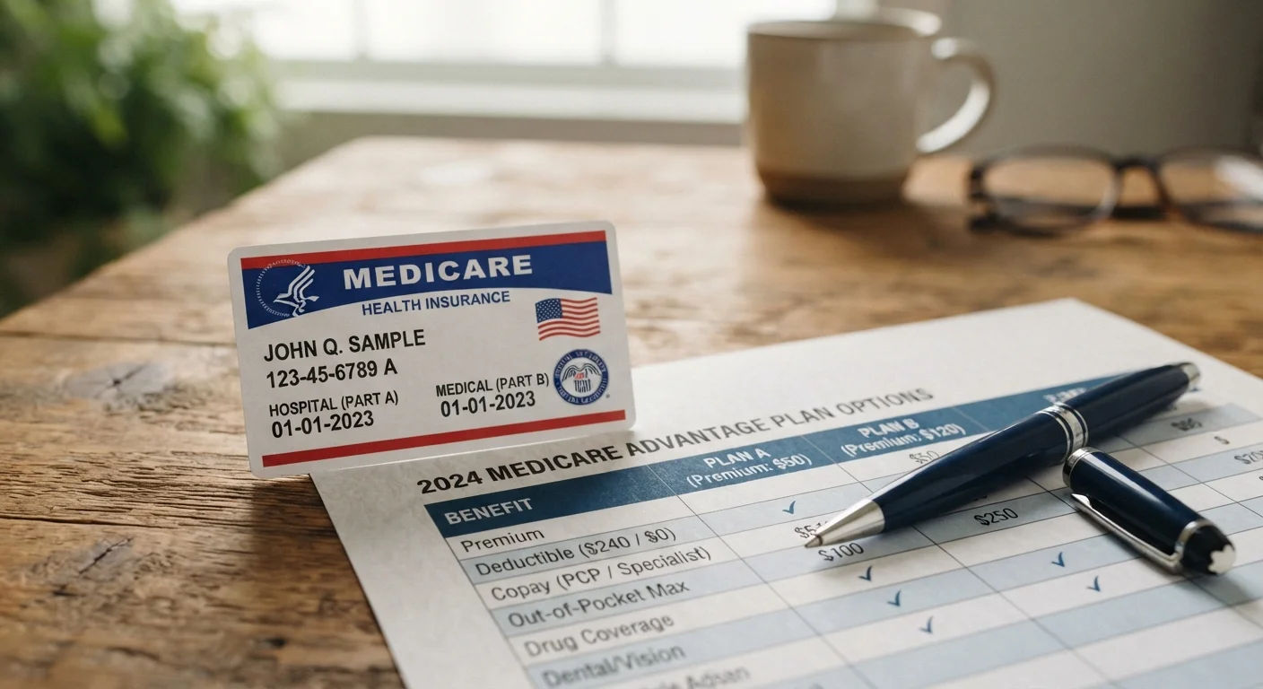 Medicare insurance card and plan comparison documents laid out on a desk for review