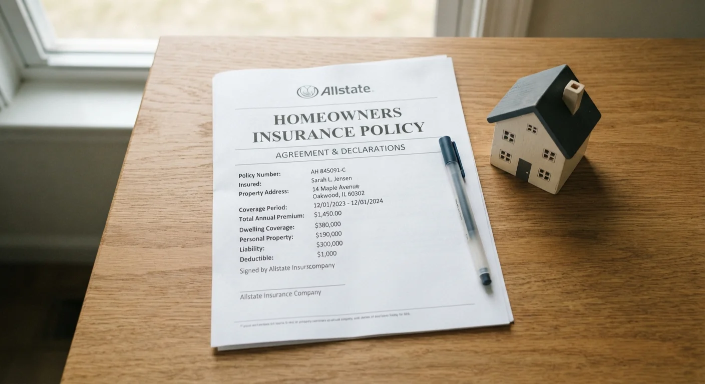A homeowners insurance policy document on a desk next to a pen and a small model house
