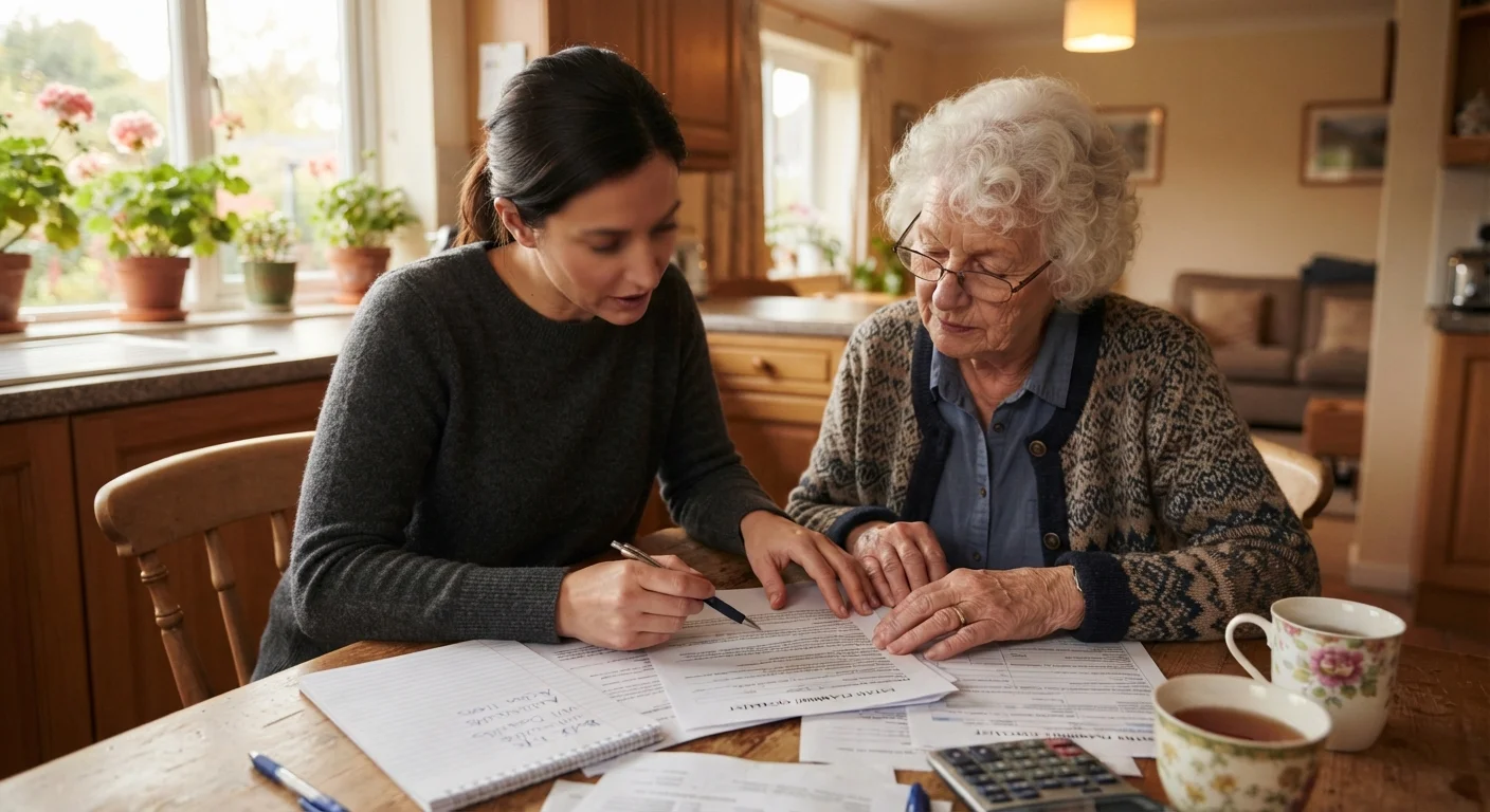 An adult child and an older parent reviewing assisted living paperwork together at a kitchen table.