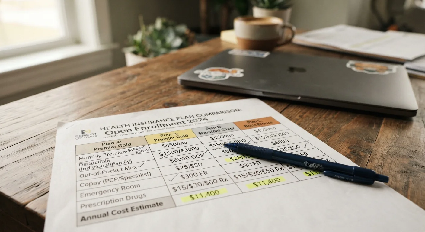 A printed health plan comparison worksheet with handwritten notes next to a laptop