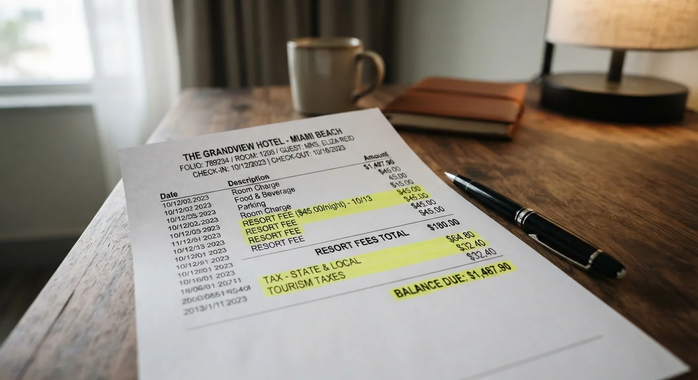 Hotel bill on a desk with resort fees and additional charges highlighted in red