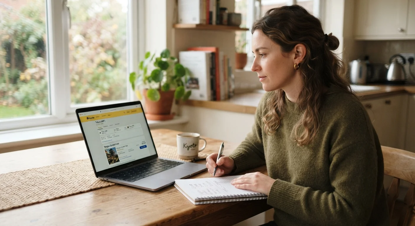 Person comparing travel costs on a laptop with handwritten notes on a notepad beside them.
