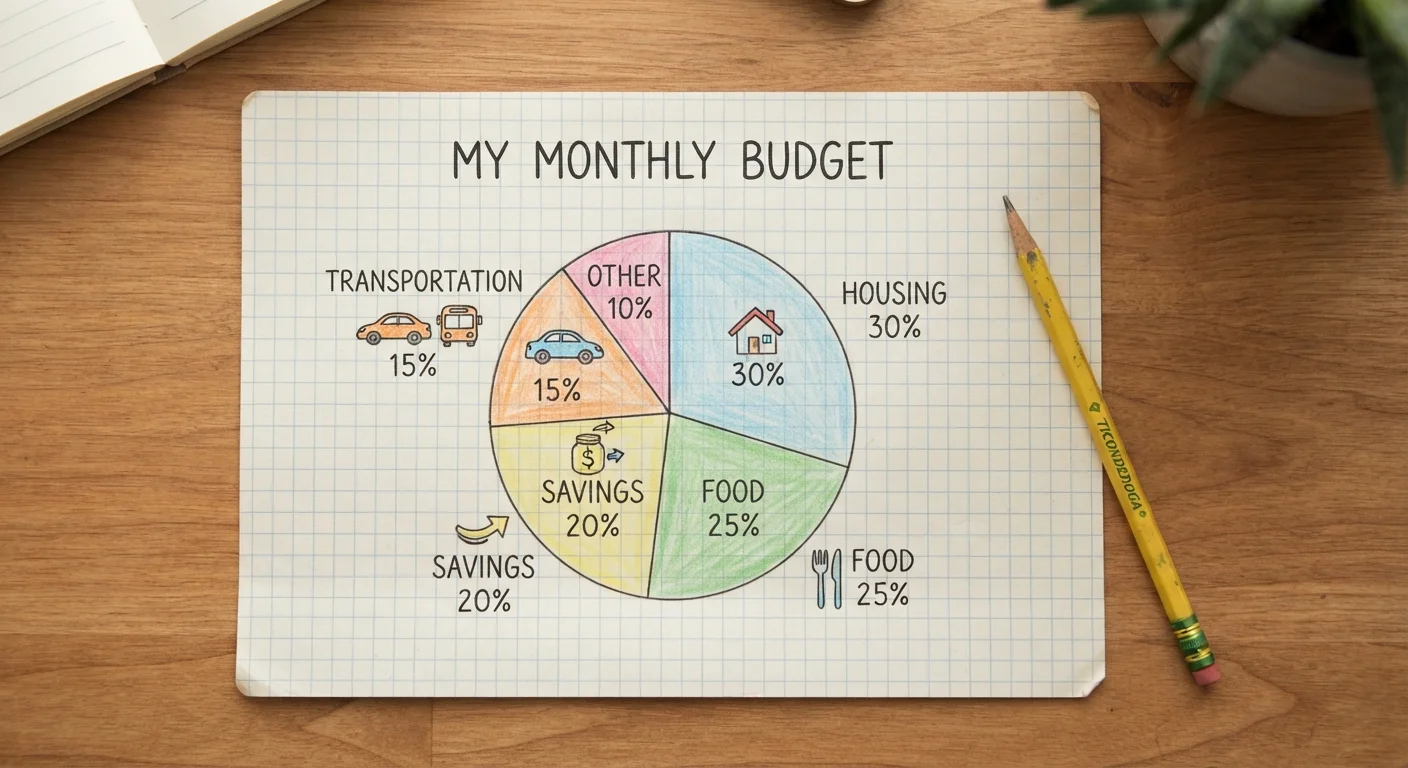 Hand-drawn pie chart on graph paper dividing a monthly budget into spending categories