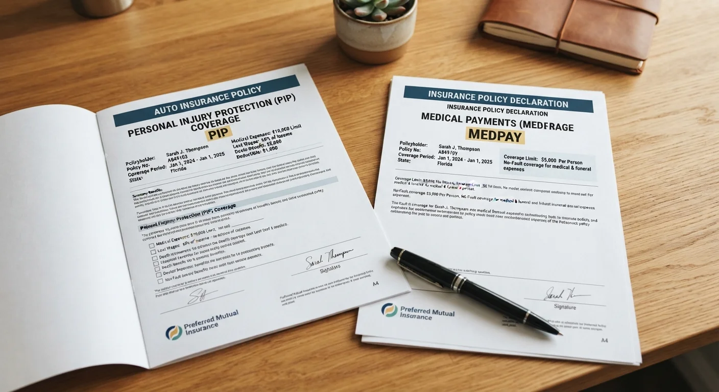 Two auto insurance policy documents labeled PIP and MedPay placed side by side on a desk.