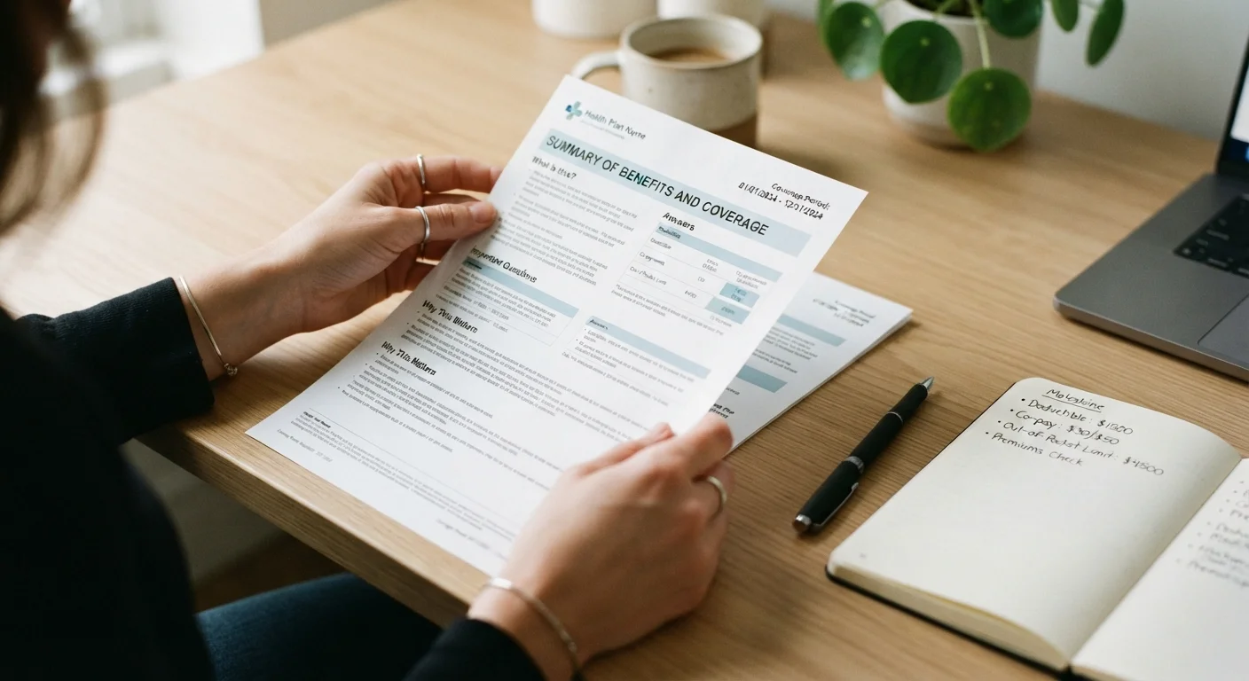 Hands holding a Summary of Benefits and Coverage health insurance document with a pen nearby