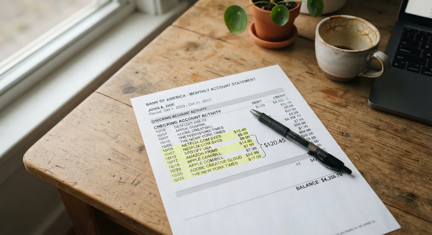 Bank statement on a desk with multiple small recurring streaming charges highlighted in yellow