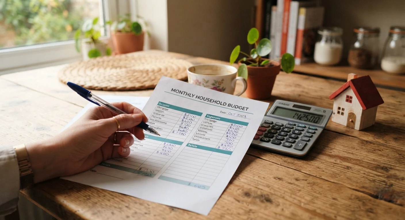 Budget worksheet and calculator on a table next to a small house model for home cost planning