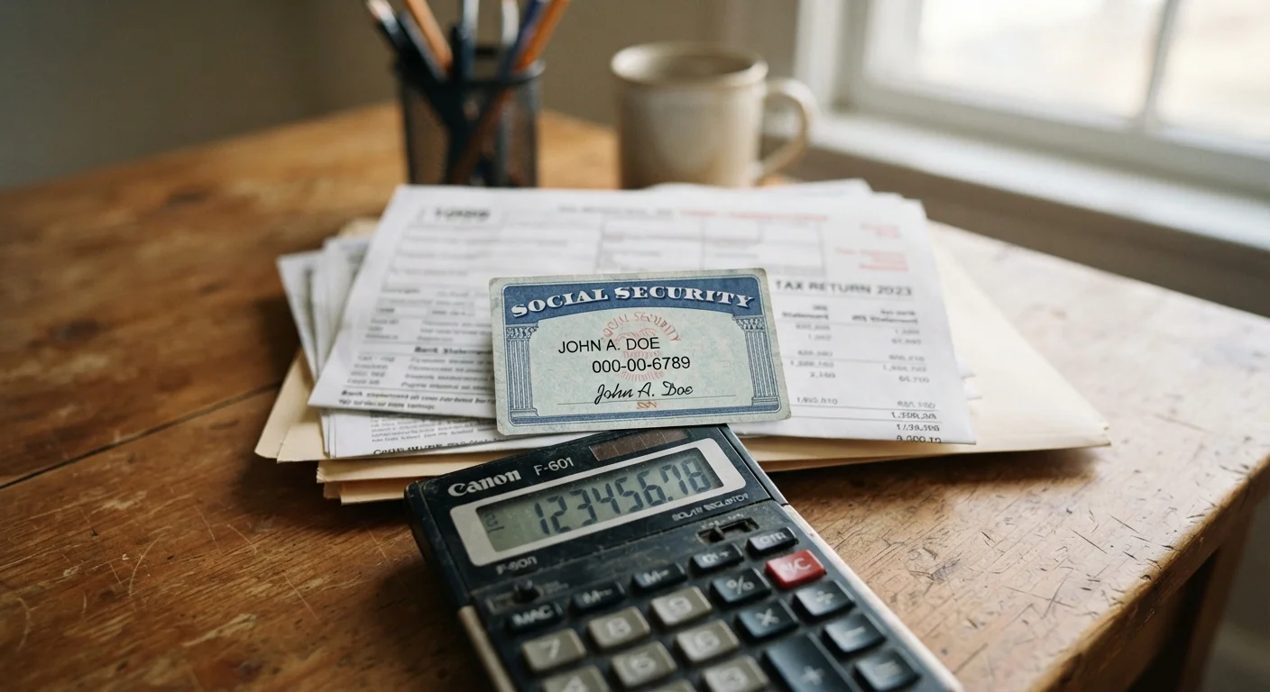 A Social Security card placed on financial documents and a calculator on a wooden desk