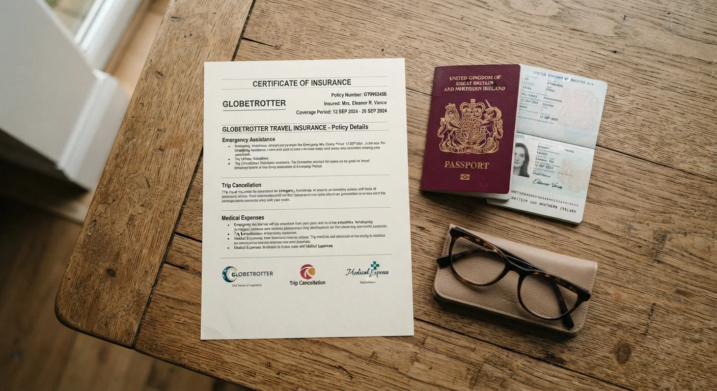 Travel insurance policy document beside a passport and reading glasses on a wooden table