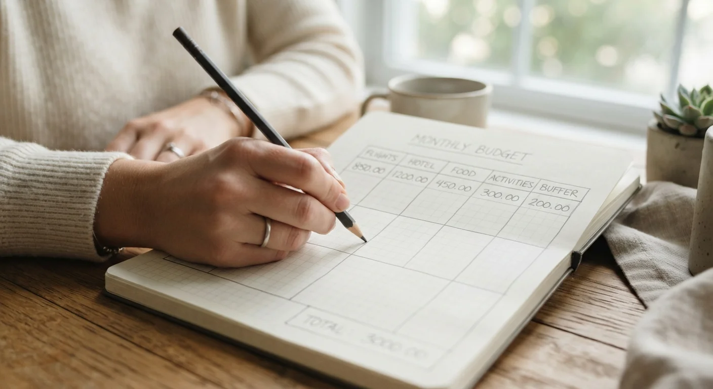 Hand writing travel budget categories and dollar amounts in a grid notebook with pencil under natural light