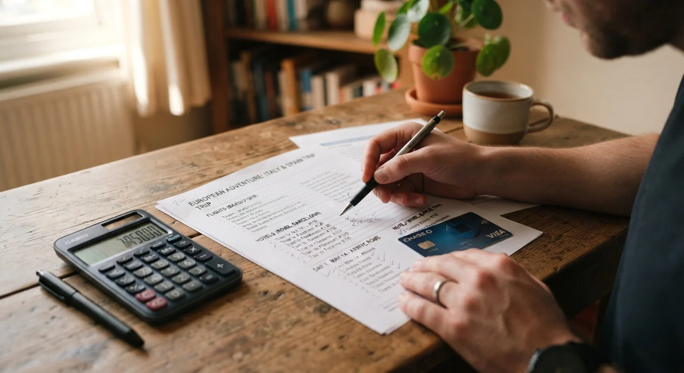 Person reviewing a printed travel itinerary next to a calculator and credit card on a desk