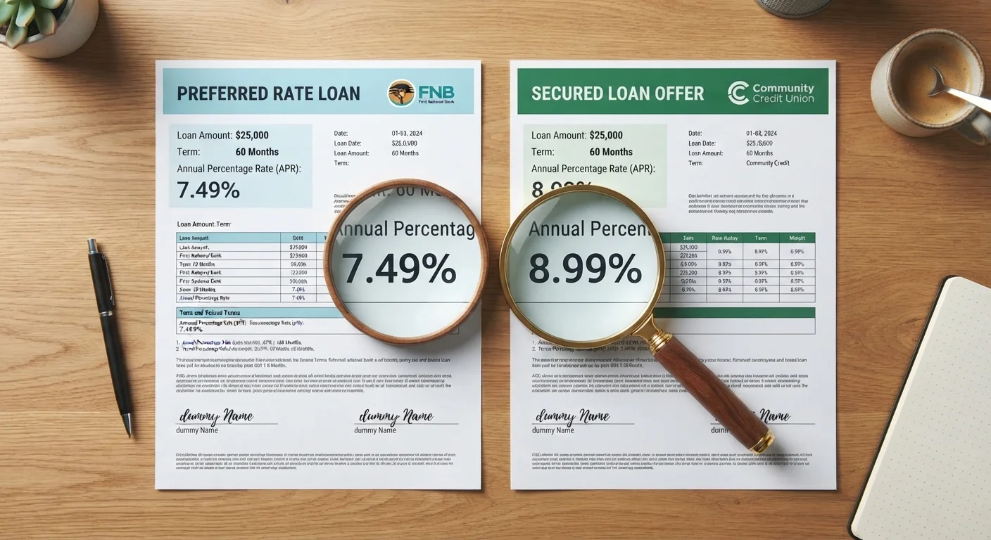 Two loan offer sheets side by side with a magnifying glass focused on APR figures
