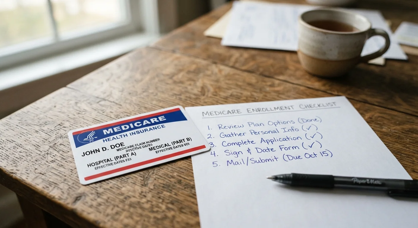Medicare card placed next to a coverage checklist and pen on a wooden desk