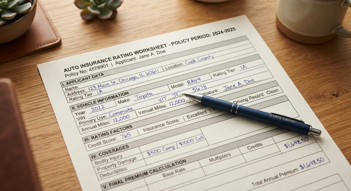 Auto insurance rating worksheet showing multiple pricing factors including location, vehicle type, and credit score