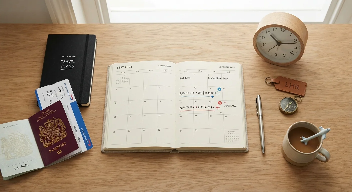 Calendar with flight dates marked alongside a clock and small airplane symbols on a desk