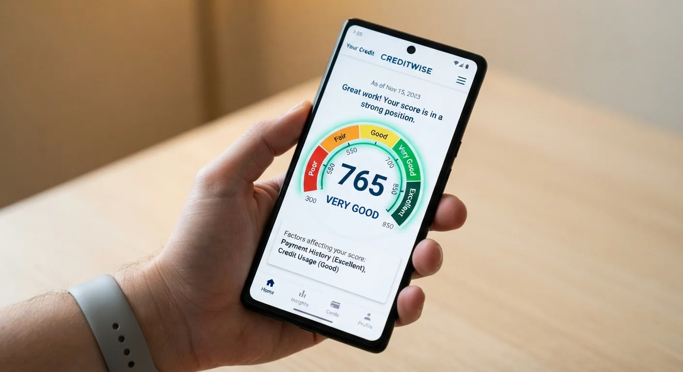 Smartphone screen displaying a credit score gauge in a personal finance app