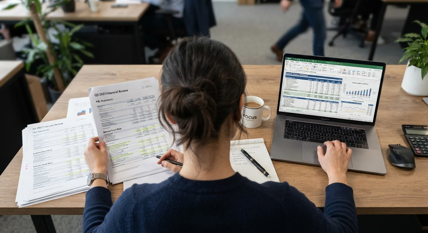 Person reviewing printed financial documents and a budget spreadsheet on a laptop at a desk.